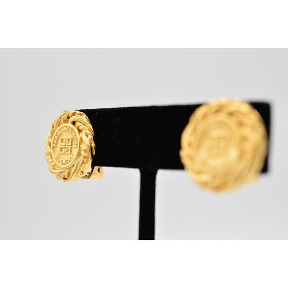 Givenchy Vintage Logo Clip On Earrings 4G Coin Round Gold Signed 80s 1980s BinAI - Picture 3 of 12